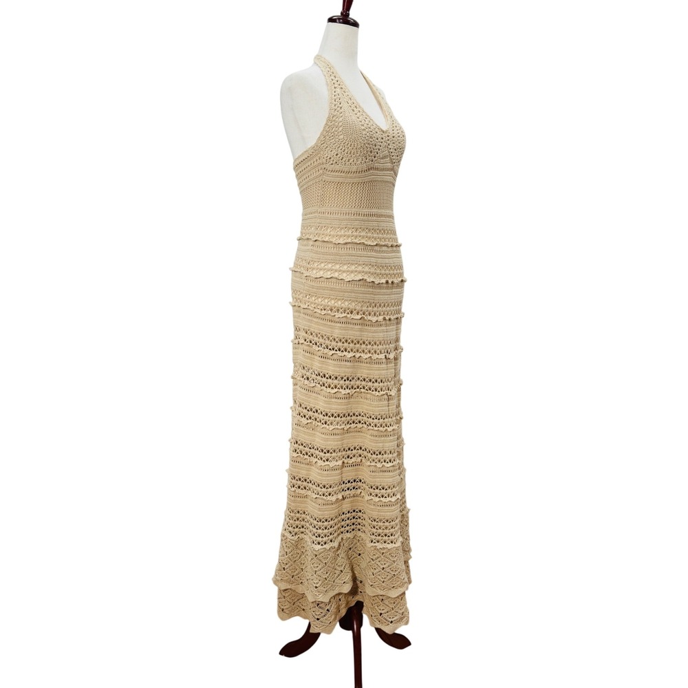 Moda International Crochet Maxi Dress Halter Open Knit Boho Festival Beach VTG - Picture 2 of 7